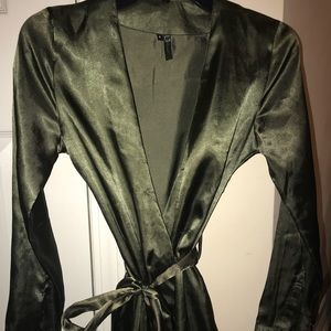 Olive green satin wrap dress